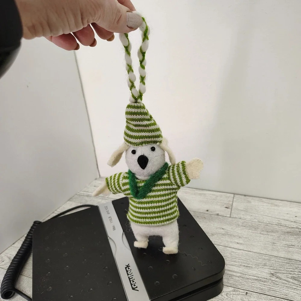 Dog Christmas Ornament‎ Green Striped Sweater Hat Holiday Decor Cute Puppy